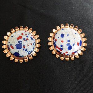 VTG Matisse Renoir Copper Enamel Round Button Clip On Earrings Signed MCM